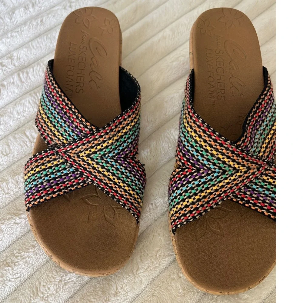 Skechers Cali Luxe Foam Womens Multi Color Woven Cork Wedge Sandals Slides